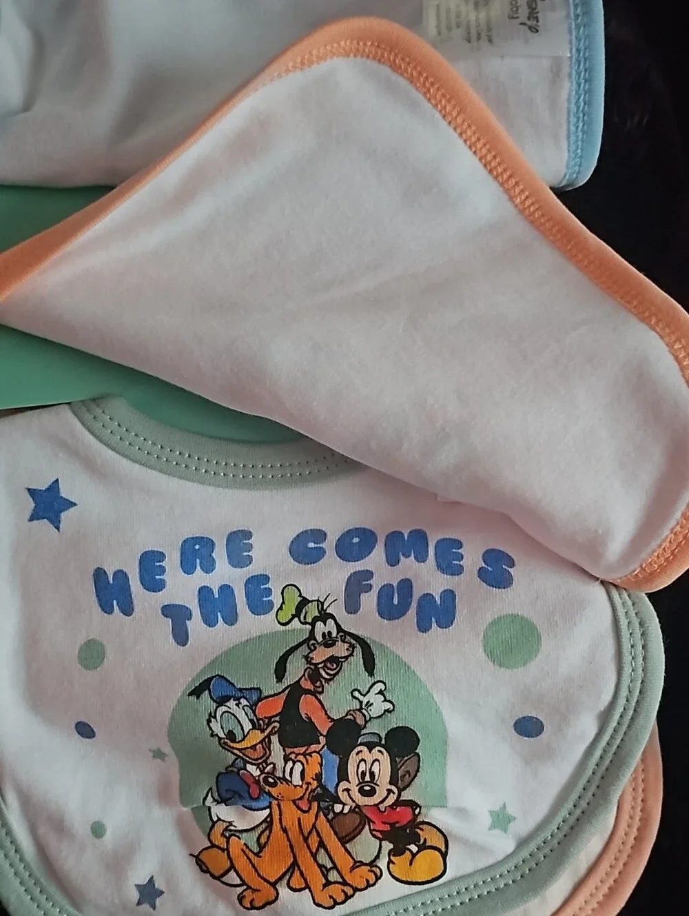 Disney Mickey & Friends Baby Bibs - Blue, Peach, Mint Trim (3-Pack)